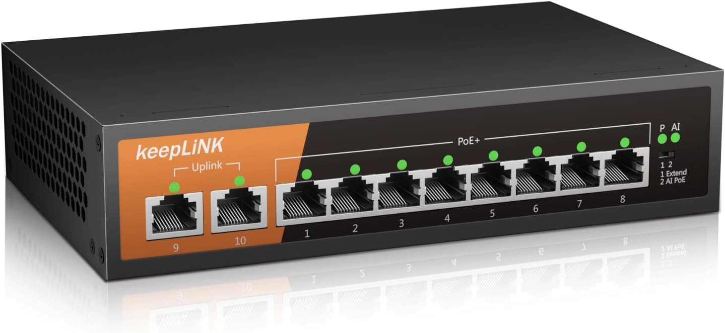 keepLiNK 8 Port Gigabit PoE Switch with 2 Gigabit Uplink, 135W Built-in Power Supply, 802.3AF/AT Compliant, Desktop or Wall Mount, Ethernet Network Switch... Number of Ports:10