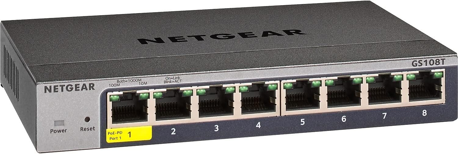 NETGEAR 8-Port Gigabit Ethernet Smart Switch (GS108T) - Managed, with 1 x PD , Optional Insight Cloud Management, Desktop or Wall Mount, Silent Operation, and Limited Lifetime Protection