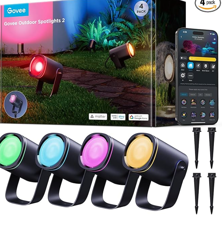 Govee Outdoor Spot Lights 2, IP67 Waterproof Spotlights, Landscape Lights Work with Matter, Alexa, and Google Assistant, RGBWIC Color Changing Light for Outdoor Decor, Patio Decorations, 4 Pack