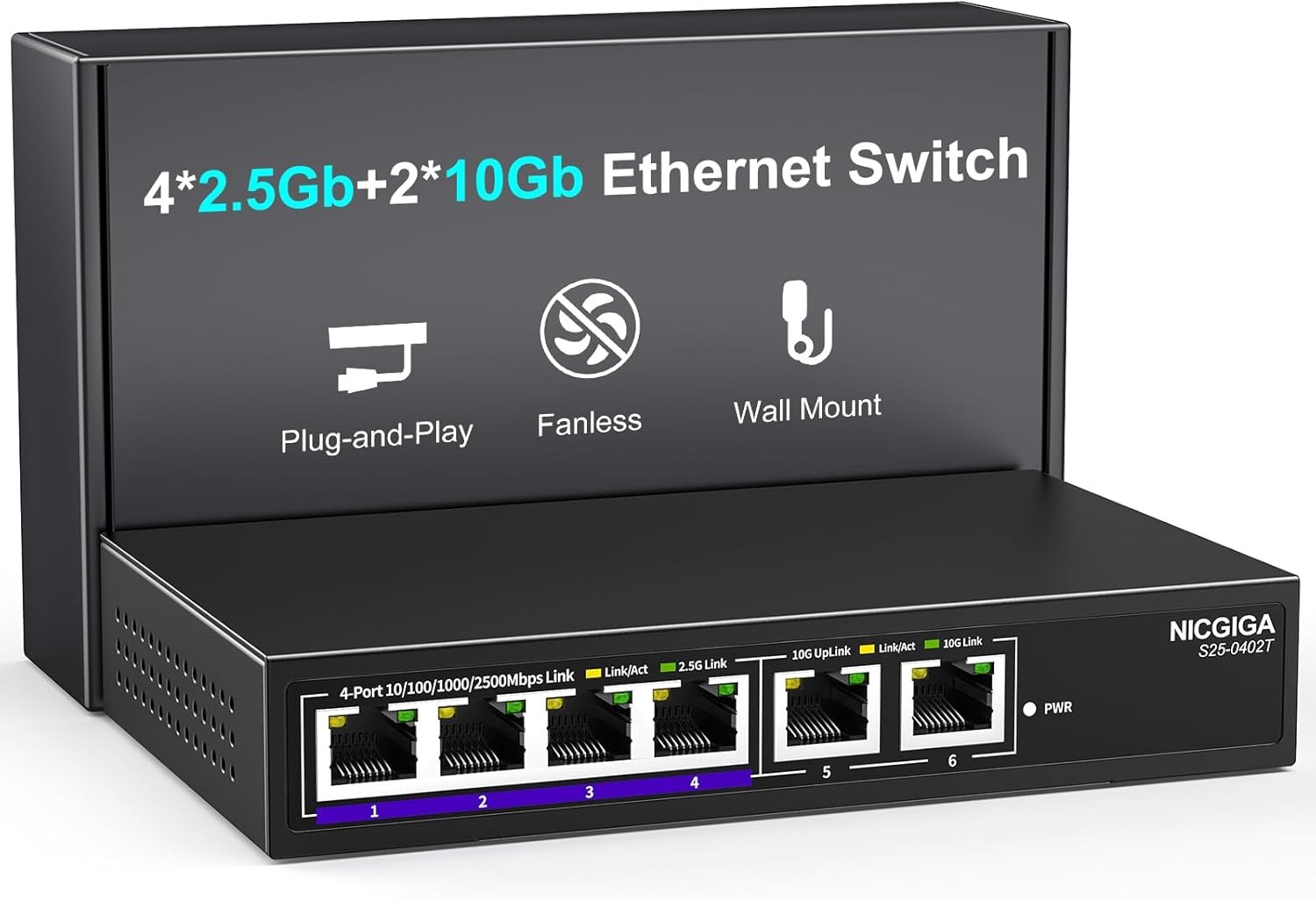 10Gbe Ethernet Switch Unmanaged with 2 x 10Gb RJ45 Ports ➕ 4 x 2.5Gb Base-T Ports, Desktop/Wall Mount NICGIGA 6 Port 10Gbps Network Switch for Wireless AP, NAS, PC