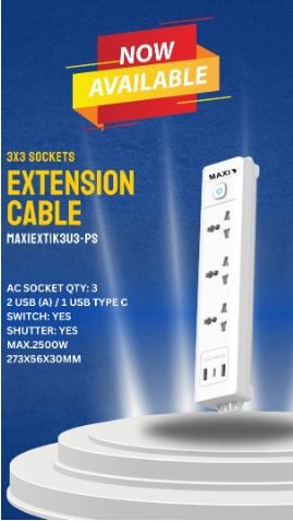 Maxi 3 Socket Extension Cable With USB MAXIEXT4K3U3GLPU